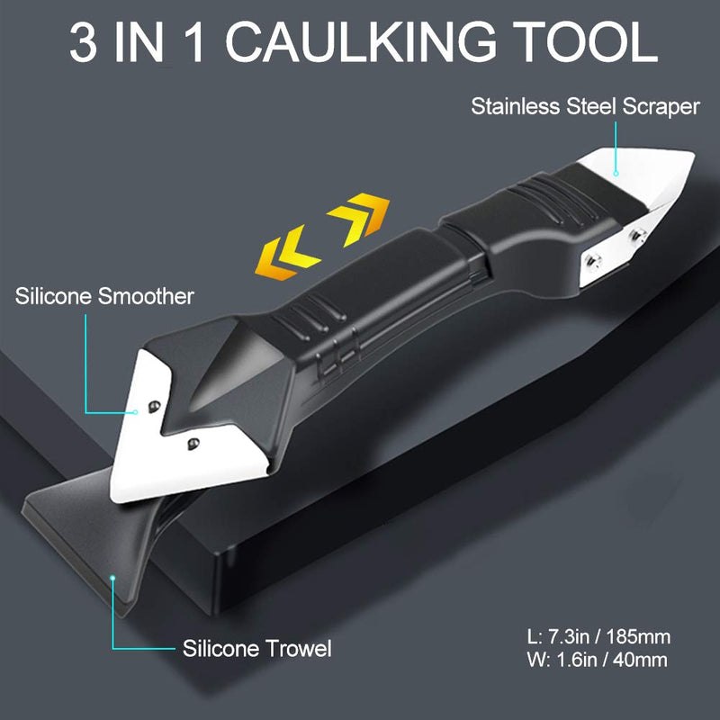 [Australia - AusPower] - Caulking Tool, 3 in 1 Silicone Caulking Scraper Tools Kit(Stainless Steelhead) with 5 Replaceable Silicone Pads, Caulk Remover Sealant Finishing Tool for Kitchen Bathroom Window Sink Joint 3 IN 1, White 