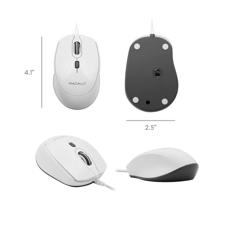 [Australia - AusPower] - Macally USB Wired Mouse for Mac or PC - Comfortable, Smooth, and Quiet - White USB Mouse Wired with 5ft Cable and 4 DPI - Plug and Play Corded Computer Mouse for Laptop or Office Desktop - White 