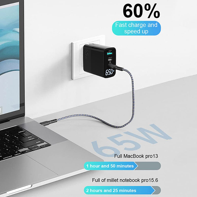 [Australia - AusPower] - URVNS GaN 65W USB C Charger, Power Display 3 Ports Fast PD Wall Adapter, Foldable US Plug Travel Charger for iPhone 13 12 Pro Max Mini for MacBook Laptop and More 