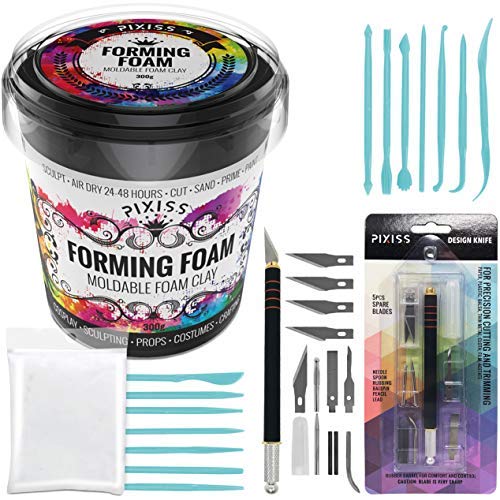 [Australia - AusPower] - Foam Clay Sculpting Foam for Cosplay (300 Gram Black), 14 Sculpting Tools, Craft Knife with Extra Blades and Sculpting Points, Soft Air Dry Moldable Sculpting Cosplay Materials 