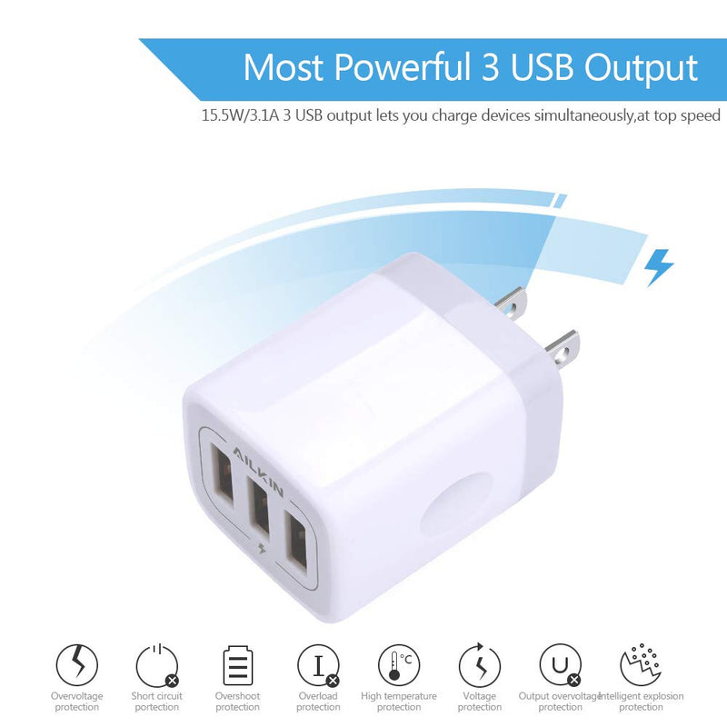 [Australia - AusPower] - USB Plug in Wall Charger, Charging Block, 3Pack Ailkin 3.1A Fast Charge 3- Port Power Adapter Cube Box Brick Base Compatible with Phone, Pad, LG, Honor, Samsung, Kindle Fire, Blue, All USB Multicolor-2 