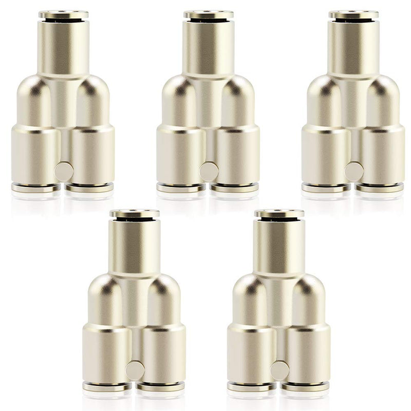 [Australia - AusPower] - TAILONZ PNEUMATIC 1/4 Inch OD Copper Nickel Plating Push to Connect Air Fittings Tee Straight Union Connect Pneumatic Fittings PY-1/4（Pack of 5) 1/4"OD 