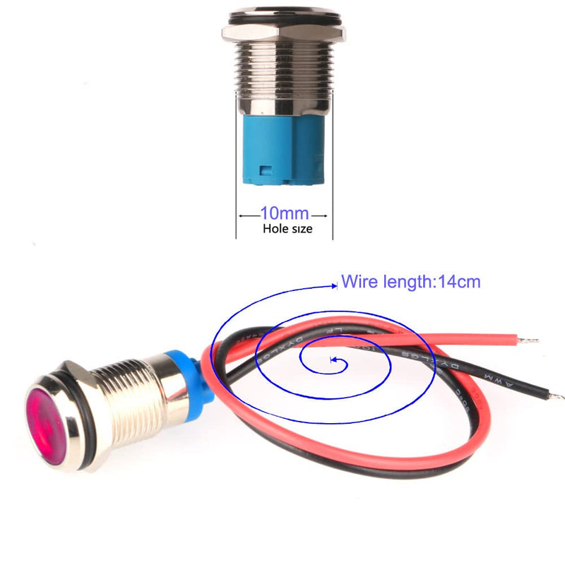 [Australia - AusPower] - Gebildet 5pcs 10mm LED Metal Indicator Light 12/24V DC Waterproof Signal Lamp Pilot Dash Directional with Wire(Red) Red 12-24V 