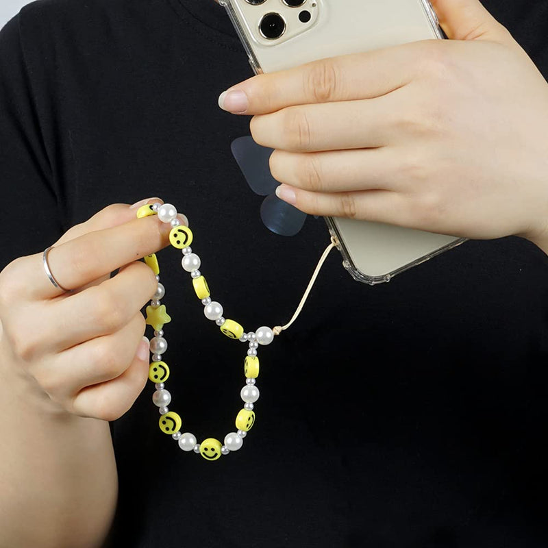 [Australia - AusPower] - Beaded Phone Lanyard Wrist Strap Smiley Face Beaded Handmade Colorful Acrylic Beads Pearl Phone Charm Strap for Women Girls Yellow 