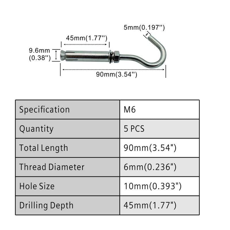 [Australia - AusPower] - M6 Open Cup Expansion Hook Anchor Bolt 5 Pack Expansion Bolts Ceiling Hook Heavy Duty Bolts Anchor Fastener 304 Stainless Steel for Concrete Brick Wall M6 Hook Bolt 