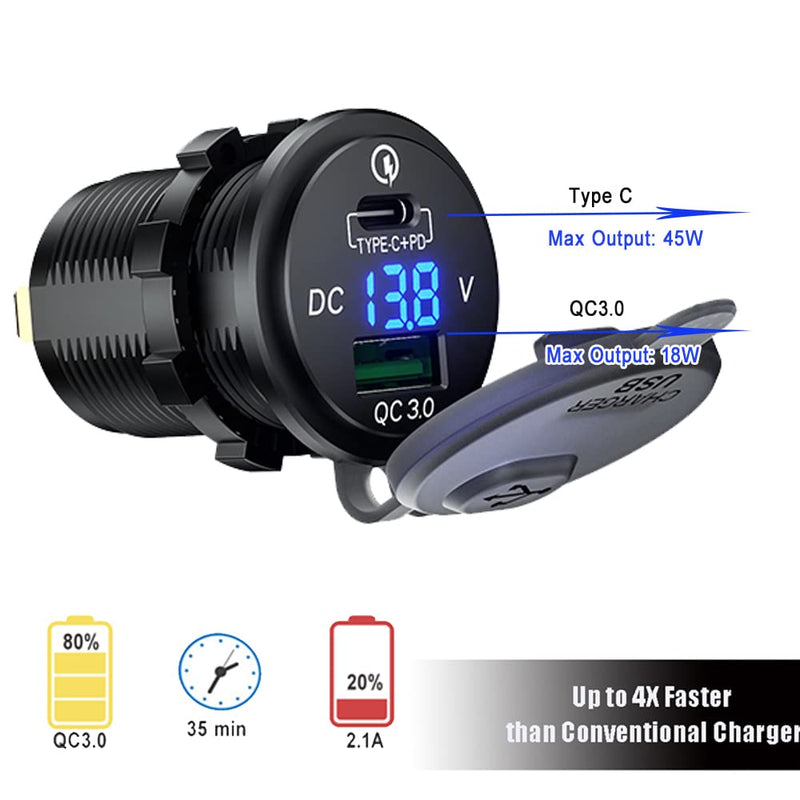 [Australia - AusPower] - PD Type C USB Car Charger Socket and QC 3.0 Quick Charger 12V/24V Car Power Outlet Waterproof Socket 63W Dual USB Charger Socket Power Delivery 36W for Motorcycle Marine Boat RV ATV (Type C+ QC3.0(G)) Type C+ QC3.0(G) 