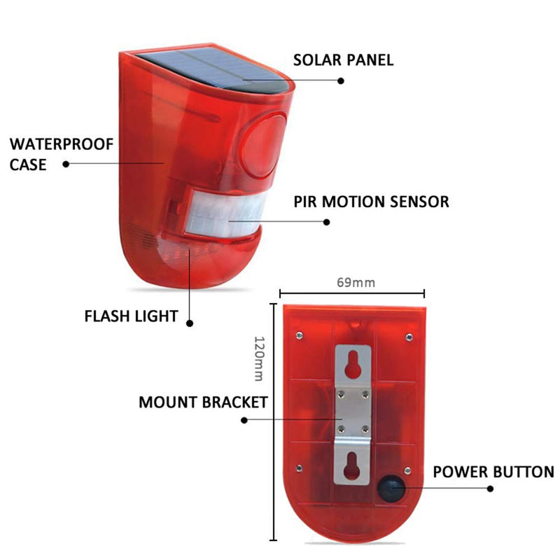 [Australia - AusPower] - SZYOUMY Solar Powered Sound Alarm Strobe Light Flashing 6LED Motion Detector Security Alarm System 129dB Loud Siren for Home Villa Farm Hacienda Outdoor Yard Day and Night Mode(IP65 Waterproof) 