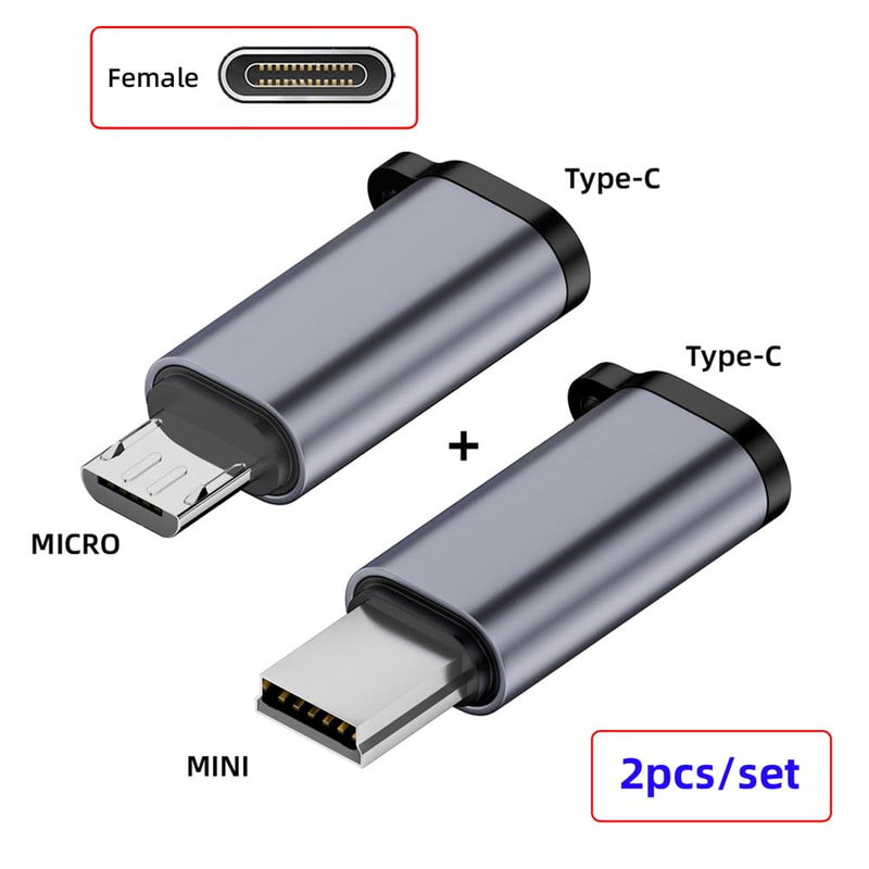 [Australia - AusPower] - NFHK 2pcs/lot USB-C USB2.0 Type C Female to Micro Mini USB Male Power Adapter 480Mbps Data with Chain Holes USB-C Female to Micro Mini USB 