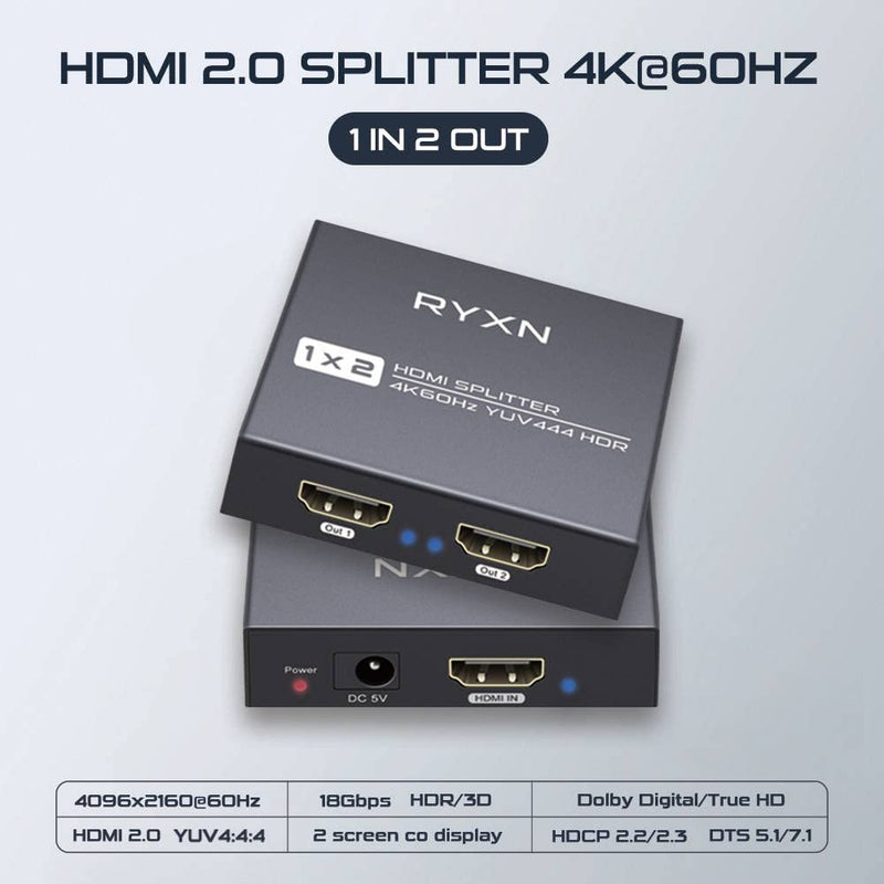 [Australia - AusPower] - HDMI Splitter 1 in 2 Out 4K@60Hz, HDMI Splitter for Dual Monitors Support HDMI 2.0, YUV 4:4:4, HDCP 2.3, EDID, LPCM 7.1, for PS5/PS4, Xbox, Roku, Apple TV, Fire Stick, Blu-ray Player RY-HDS102 