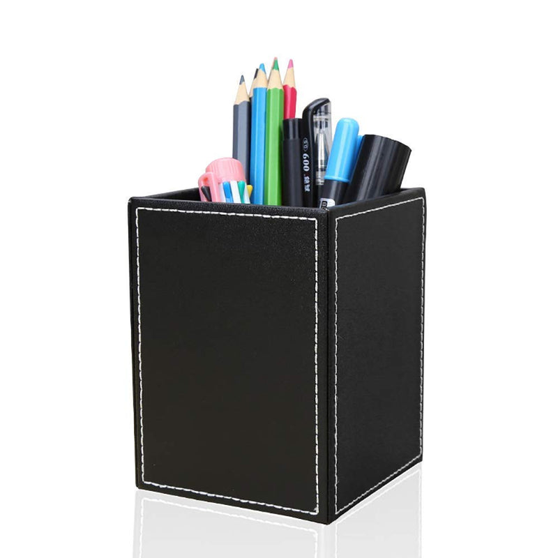 [Australia - AusPower] - KINGFOM PU Leather Square Pens Pencils Holder Cup Desktop Stationery Organizer Case Office Accessories Container Box (Black) 