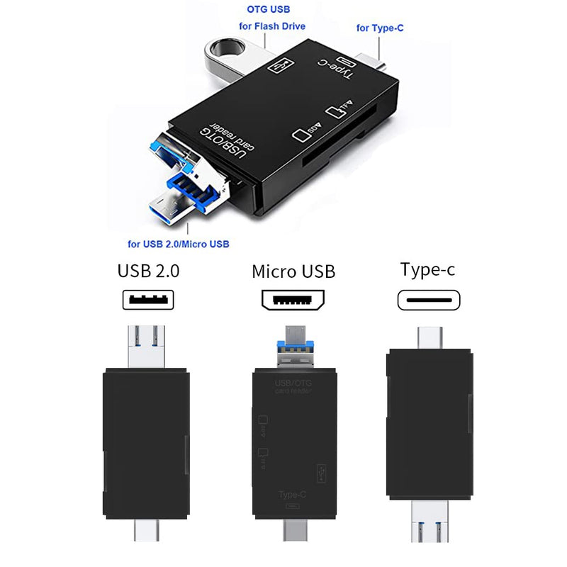 [Australia - AusPower] - SD/Micro SD Memory Card Reader, BorlterClamp 6 in 1 USB C SD/TF Card Reader MicroUSB OTG Card Reader Compatible with PC, Laptop, MacBook, Smartphone (Black) 