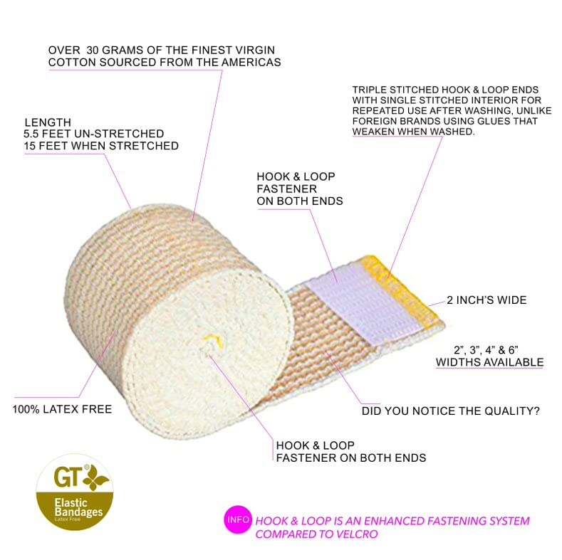 [Australia - AusPower] - GT USA Organic Cotton Elastic Bandage Wrap (2" Wide, 12 Pack) | Hook & Loop Fasteners at Both Ends | Latex Free | Hypoallergenic Compression Roll for Sprains & Injuries 2" Wide 
