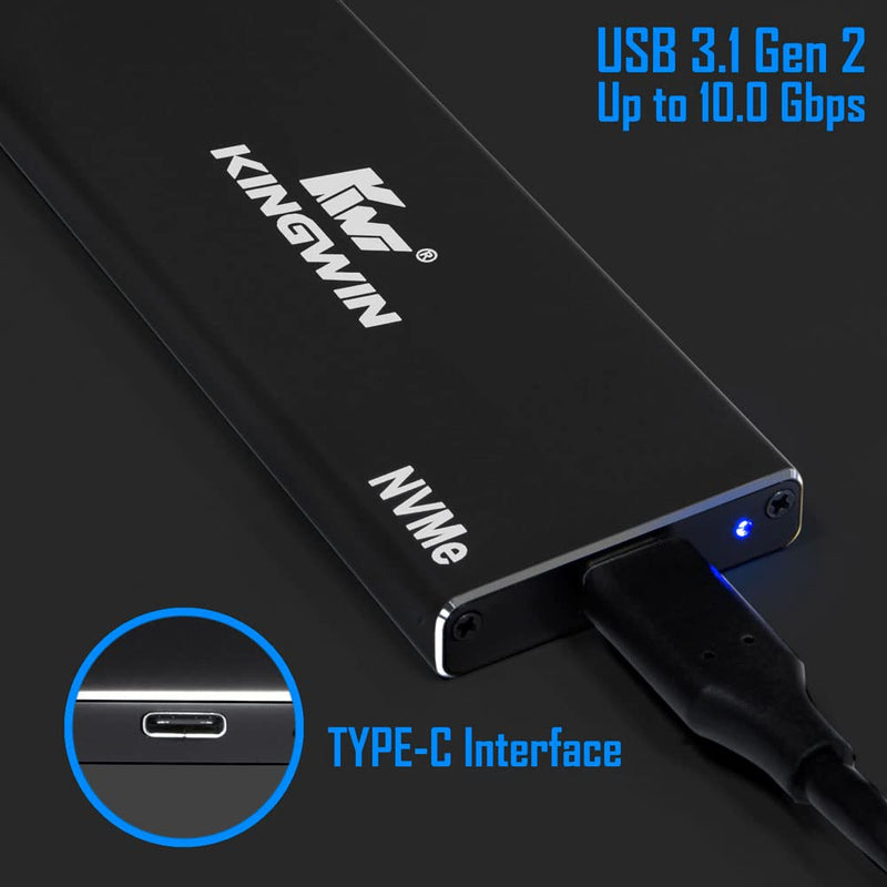 [Australia - AusPower] - Kingwin M.2 SSD NVMe External Enclosure, 10Gbps USB 3.1 Gen 2 M-Key to USB C Solid State Drive Adapter, PCIe USB 3.0 USB C Cables, Fit Size 2230/2242/2260/2280, Aluminum, KM-U3NGFF-NVE 