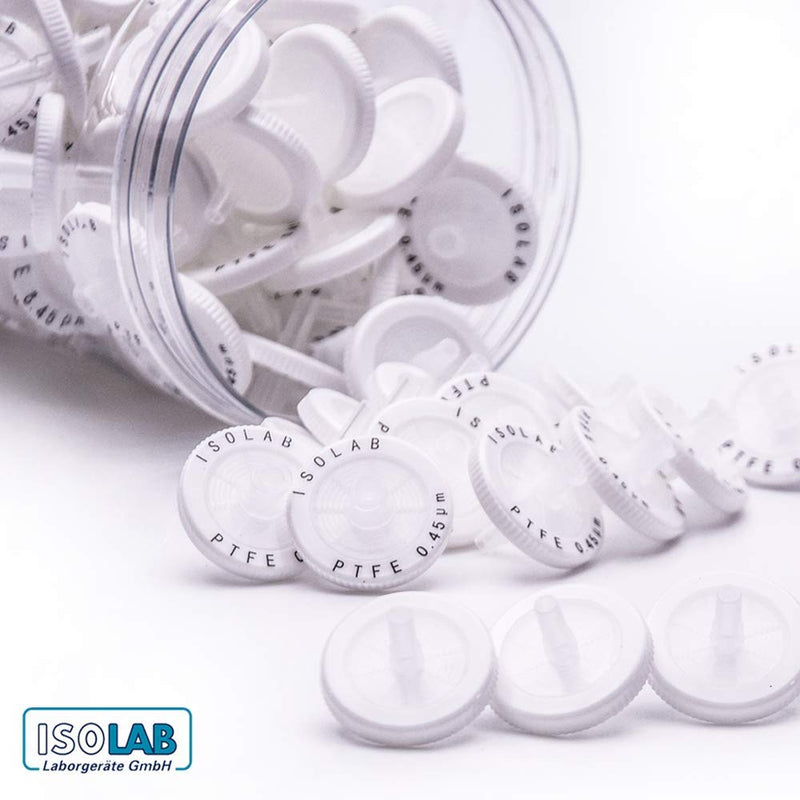[Australia - AusPower] - ISOLAB USA - Syringe Filters. Pack of 100. PTFE Membrane 25mm Diameter 0.45um Pore Size Non Sterile. Water, Chemicals and Beverage Filtration. 