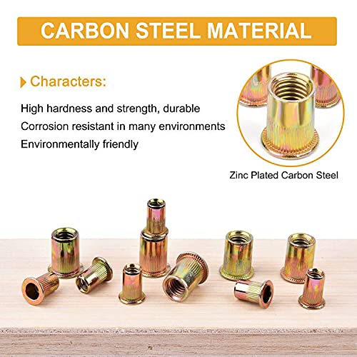 [Australia - AusPower] - VIGRUE 150pcs #8-32#10-24 1/4"-20 5/16"-18 3/8"-16 Carbon Steel UNC Rivet Nuts Assortment Kit, Yellow Zinc Plated Finish, Flat Head Threaded Insert Nut Assort 