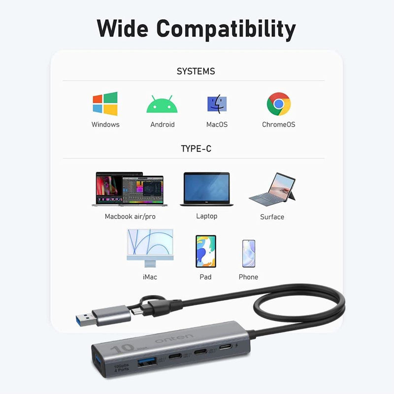[Australia - AusPower] - Onten 10Gbps USB C Hub,USB C to USB C/A Adapter with USB3.2 GEN2 Speed. USB/USB C Splitter with 2*USBA(10G) 2*USB C(10G).4 Ports USB C Adapter e(Data Transfer only,Not Support Power and Monitor) 