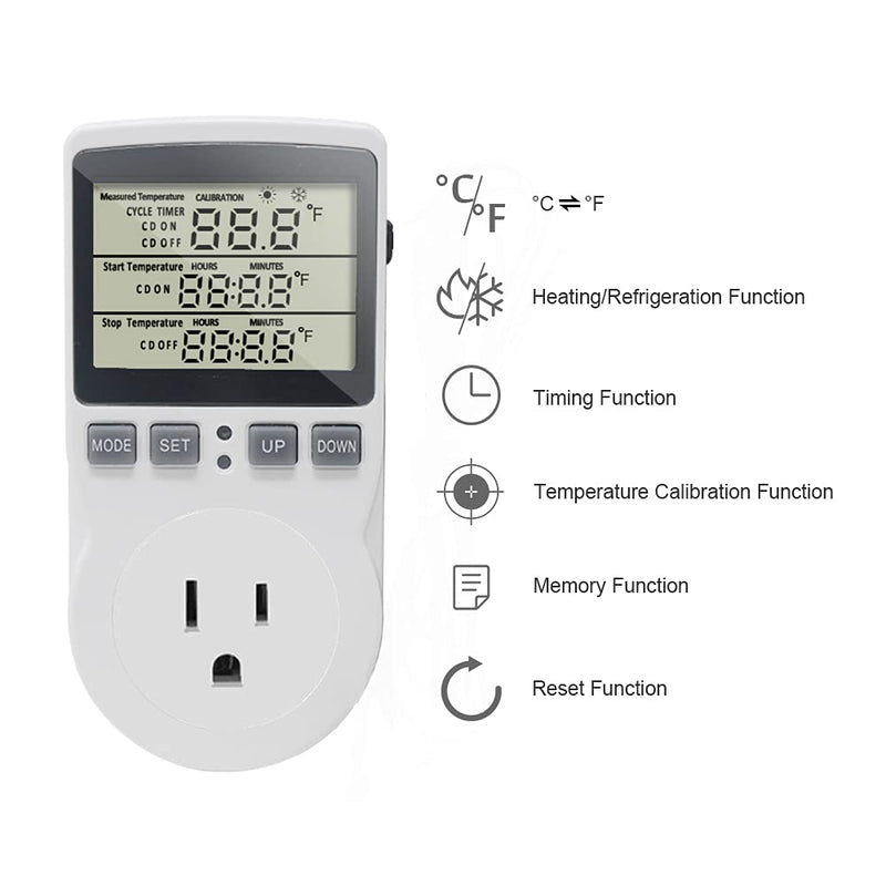 [Australia - AusPower] - KETOTEK Digital Thermostat Outlet Plug Temperature Controller Outlet Socket 120V Heating Cooling with NTC 10K Probe 110V 15A Celsius/Fahrenheit Display 