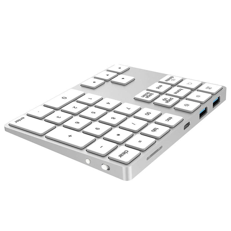 [Australia - AusPower] - ASHATA Wireless Numeric Keypad,34 Keys Mini Portable Bluetooth Numpad,Ergonomic Bluetooth Numeric Keypad Aluminum Alloy HUB Type-C USB 3.0 Numeric Pad for Windows (Silver) Silver 