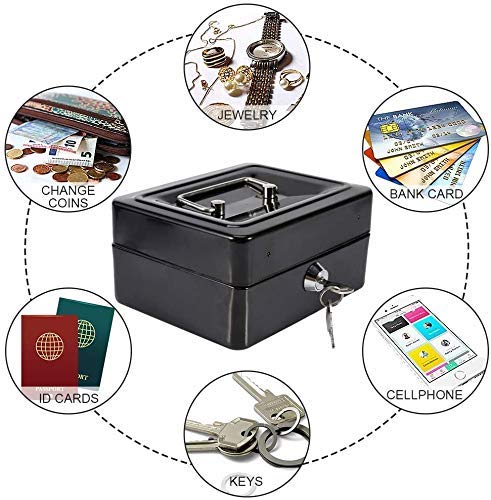 [Australia - AusPower] - Xydled Locking Steel Mini Cash Box with Removable Coin Tray and Key Lock,4.92" x 3.74" x 2.36",Black Black Small 
