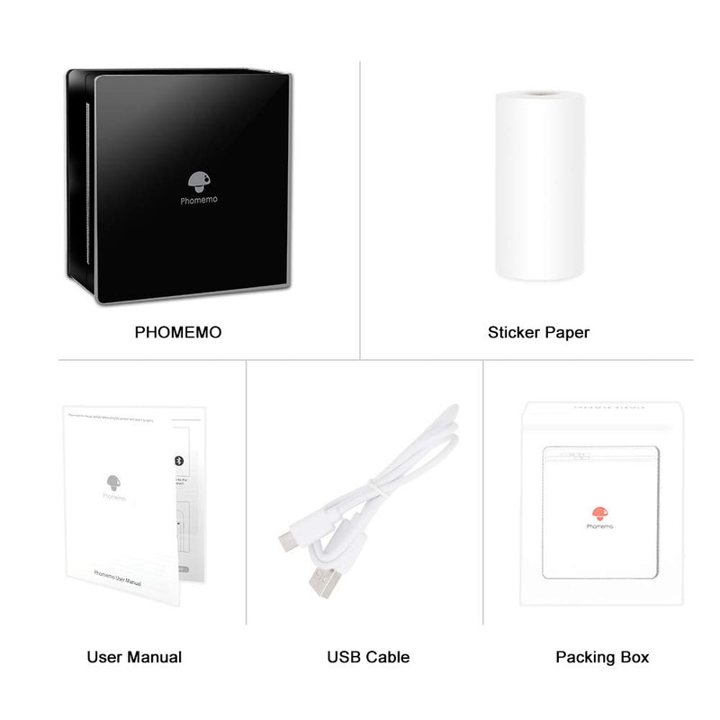[Australia - AusPower] - Phomemo M02 Mini Pocket Printer- Portable Bluetooth Thermal Printer Pocket Printer Compatible with iOS + Android for Organizing Office Documents，Work List Printing, Black and White Picture, Black 