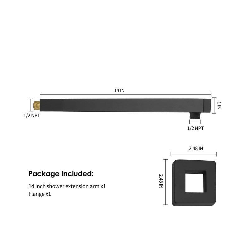 [Australia - AusPower] - BESy 14 Inches Straight Extended Shower Arm With Flange, Rain Shower Head Extension Arm, Square Shower Rod Shower Head Extender Arm Shower Pipe Extension, Wall-Mounted Matte Black Stainless Steel 
