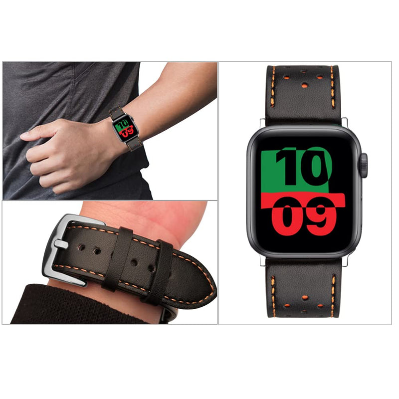 [Australia - AusPower] - Tuaeja Genuine Leather Band Compatible with Apple Watch Bands 42mm 44mm 45mm Men Women Replacement Strap for iWatch SE & Series 7/6/5/4/3/2/1 Fashion Breathable Wristbands (Matte black) Matte black 45MM/44MM/42MM 