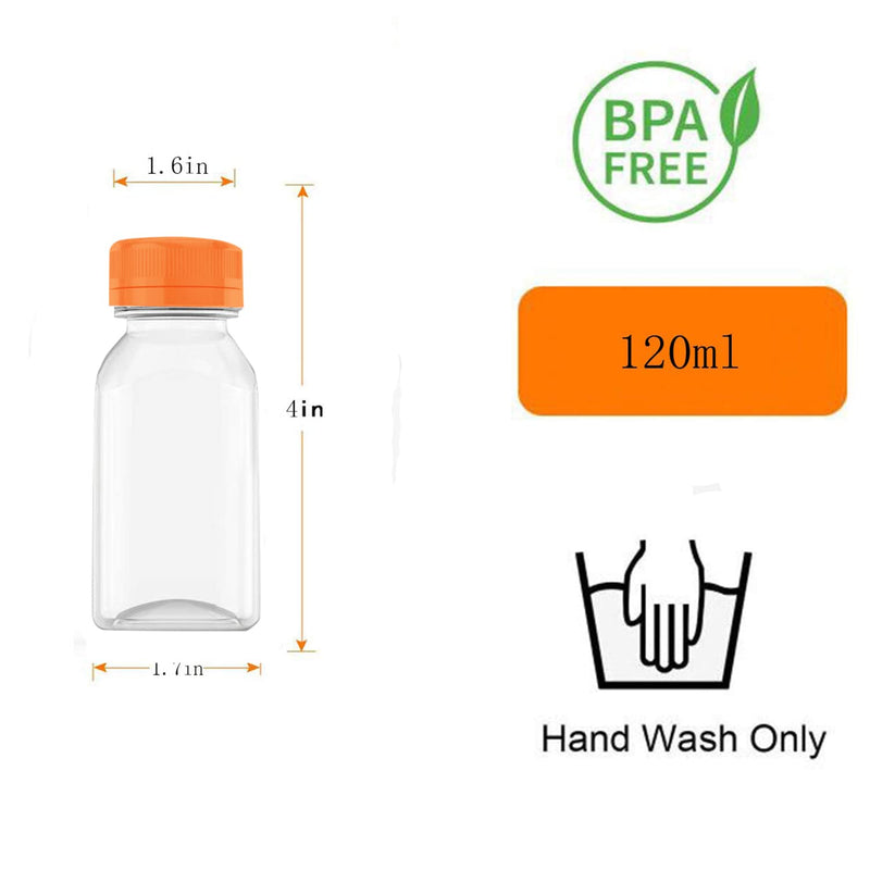 [Australia - AusPower] - 4 OZ Plastic Juice Bottles, Reusable Bulk Beverage Containers, for Juice, Milk and Other Beverages, orange and blue 10 Pcs. 