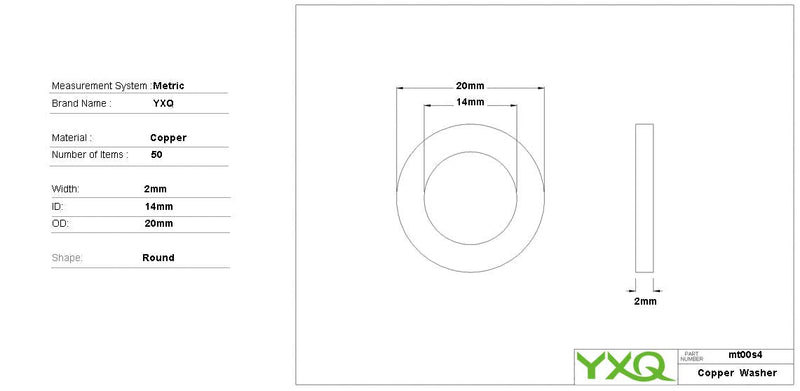 [Australia - AusPower] - YXQ 50Pcs 14x20x2mm Copper Crush Washer Flat Ring Seal Gasket Fitting M14 