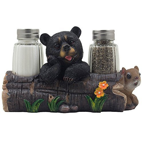 [Australia - AusPower] - Decorative Black Bear and Squirrel Friend on Log Salt & Pepper Shaker Set Figurine Display Stand in Rustic Lodge Table Decorations or Cabin Kitchen Decor Sculptures As Gifts for Friends 