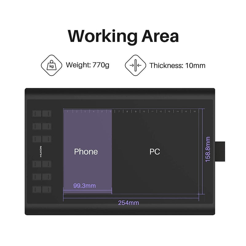 [Australia - AusPower] - Huion Inspiroy H1060P Graphics Drawing Tablet with Digital Pen PW100 and Skeleton Glove, OTG Adapters Included 