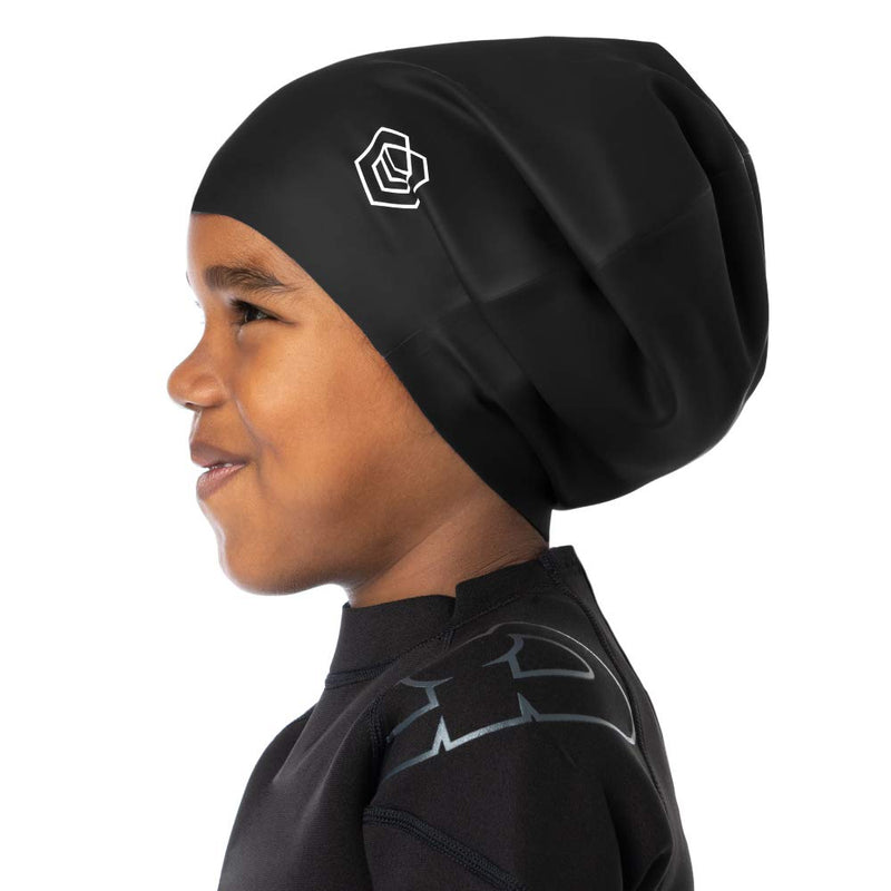 [Australia - AusPower] - SOUL CAP JR - Large Swimming Cap for Children - Designed for Long Hair, Dreadlocks, Weaves, Hair Extensions, Braids, Curls & Afros - Silicone Medium Black 