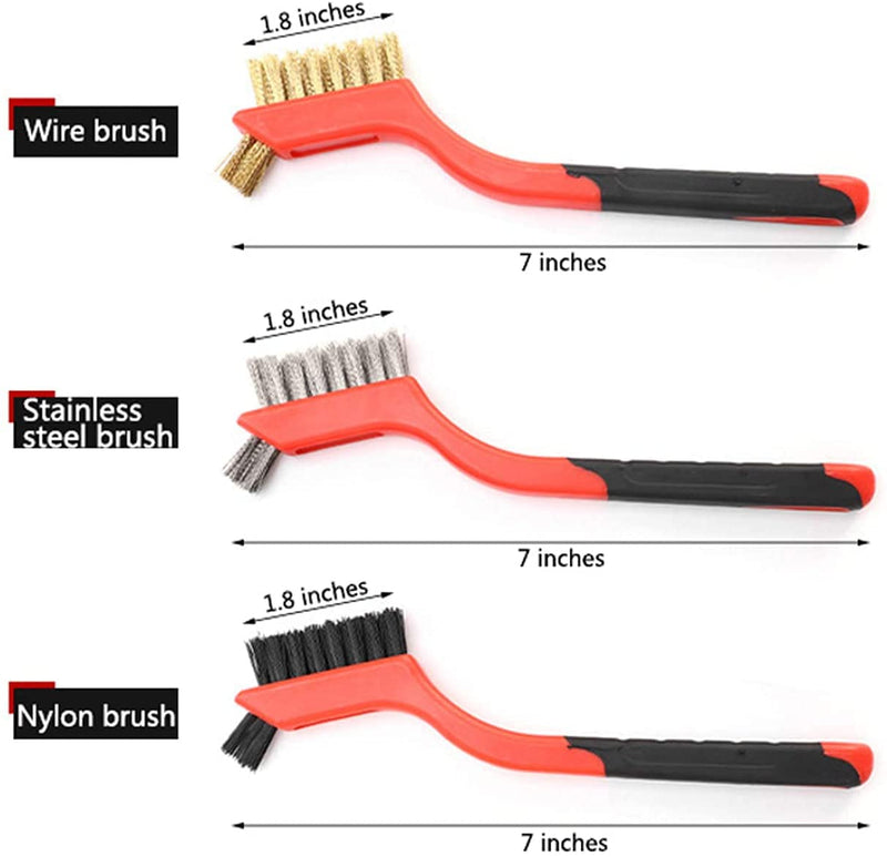 [Australia - AusPower] - QIXIAN Wire Brush Set 3pieces - Curved Handle Steel Brush, Brass, Nylon, Stainless Steel Brush Head, Used for deep Cleaning of Rust, Dirt, Paint scrubbing and Hard-to-Reach Areas ，7 Inches (Red) 