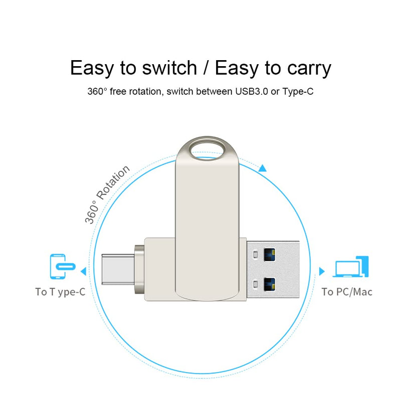[Australia - AusPower] - 1TB USB 3.0 Flash Drive, USB A & USB C/Type C Dual Drive OTG, Thumb Drive silvery 