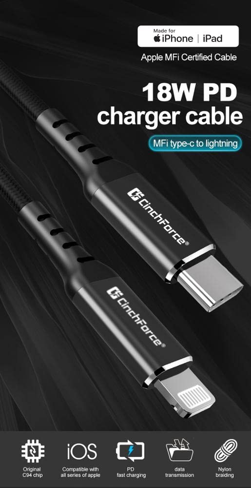 [Australia - AusPower] - CinchForce USB Type-C to Lightning Cable [Apple MFi Certified] - Supports PD Fast Charging, High Speed Data, Made for Any Device That uses Apple Lightning Connector - Black 6.6ft Cable (2m) 