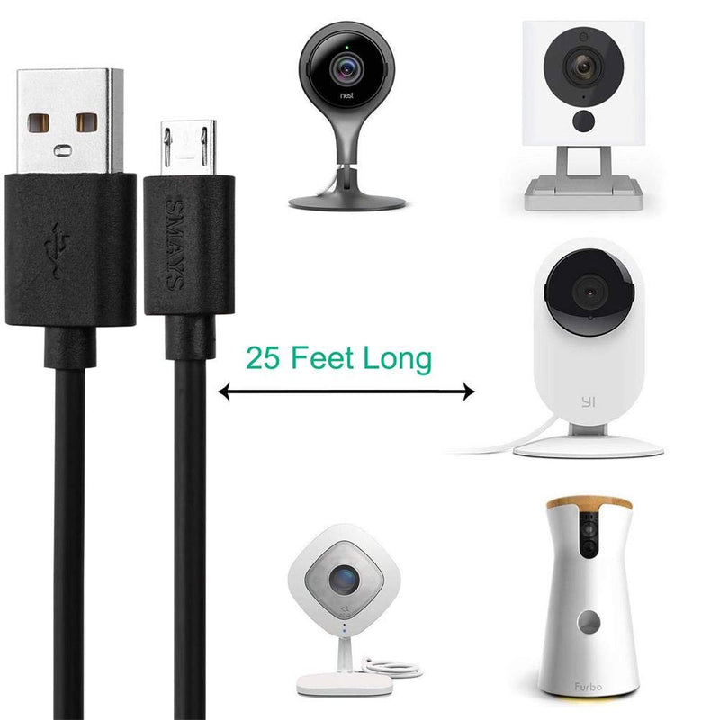 [Australia - AusPower] - 2-Pack 25ft Power Extension Cable Compatible for WyzeCam, Wyze Cam Pan, Nest Cam Indoor, Blink, Yi Camera, USB to Micro USB Charging Cord (Black) Black 
