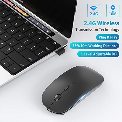 [Australia - AusPower] - OKIMO Rechargeable Wireless Mouse, 2.4Ghz Silent Computer Office Portable Slim Optical Mouse with USB Receiver Type-C, 3-Level Adjustable DPI for Laptop, Computer, MacBook, Notebook, PC (Black) 