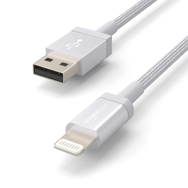 [Australia - AusPower] - Amazon Basics Nylon USB-A to Lightning Cable Cord, MFi Certified Charger for Apple iPhone, iPad, Silver, 6-Ft 6 Feet 1-Pack 