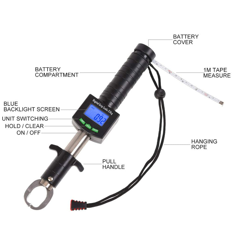 [Australia - AusPower] - Fish Lip Gripper with Digital Scale, 25kg/55lb Portable Lip Grip with Electronic Weight Scale 