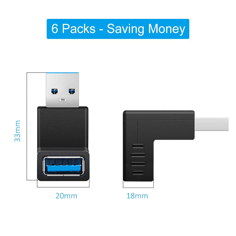 [Australia - AusPower] - [6 Pack] ELUTENG USB 3.0 90 Degree Right Angle USB Extender Adapter Male to Female USB 3.0 Super Speed Connector UP Down / Left Right USB Extender Coupler Vertical L Shape for USB Devices 