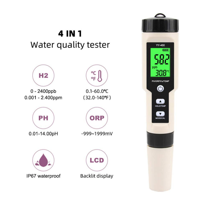 [Australia - AusPower] - 4 in 1 Portable Water Quality Monitor Test Pen 0.01-14.00pH Measuring Range PH ORP H2 Temperature Tester YY-400 