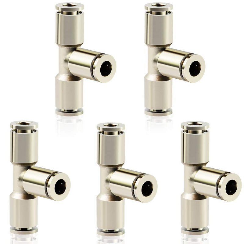[Australia - AusPower] - TAILONZ PNEUMATIC 1/4 Inch OD Copper Nickel Plating Push to Connect Air Fittings Tee Straight Union Connect TPE-1/4（Pack of 5） 1/4"OD 