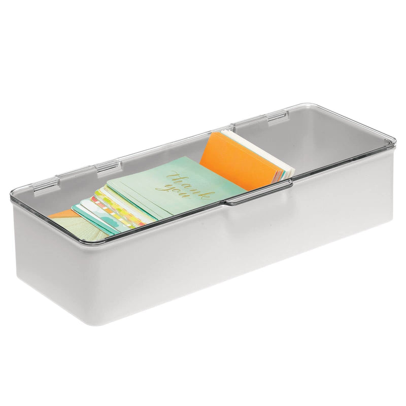 [Australia - AusPower] - mDesign Plastic Stackable Box Home, Office Supplies Storage Organizer Box with Attached Hinged Lid - Holder for Note Pads, Gel Pens, Staples, Dry Erase Markers, Tape - 3 Inches High - Light Gray 5.5 x 13.3 x 3 Light Gray/Clear 