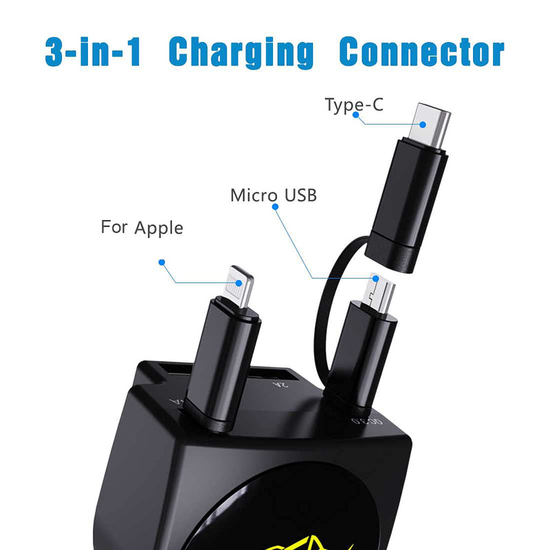 [Australia - AusPower] - Retractable Car Charger, Fast Charge 3.1A 47W, Retractable Cables (3Ft) and 2 USB Ports Car Charger Adapter, Compatible with iPhone & Android Cell Phones 