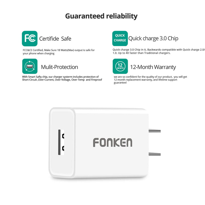 [Australia - AusPower] - [3-Pack] Quick Charge 3.0, FONKEN 18W 3Amp USB Wall Charger Adapter Fast Charger Plug Compatible with Samsung Galaxy S7 S6, Note 5/4, LG G5 V10, Nexus 6,HTC10 (White) 18W-White 
