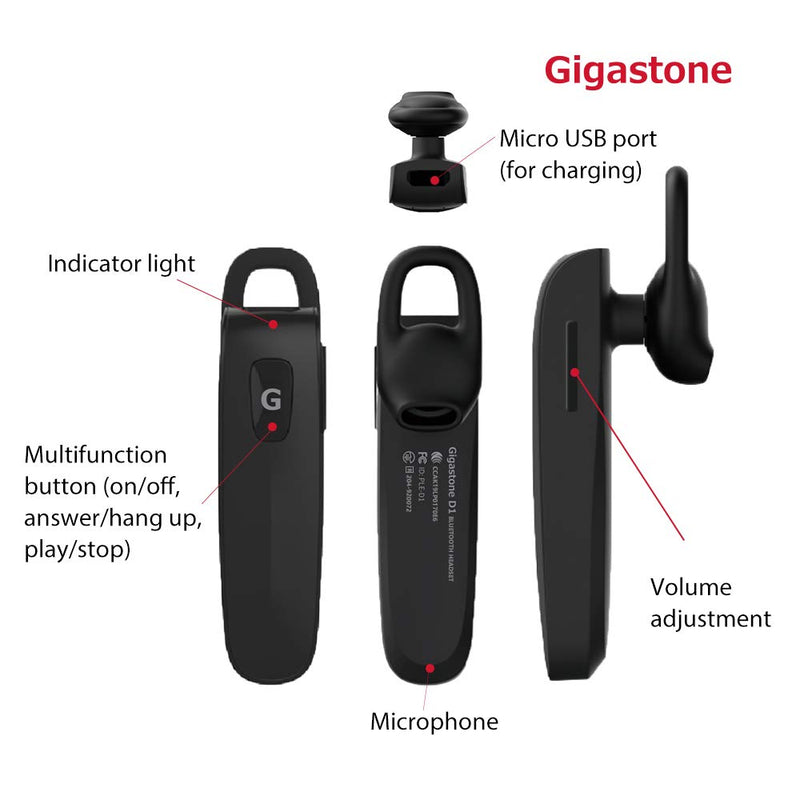 [Australia - AusPower] - Gigastone D1 Bluetooth Earpiece, Wireless Handsfree Headset with Microphone, 6-8 Hrs Driving Single Ear Bluetooth Headset, Noise Canceling Mic, Compatible with iPhone Android D1 1-Pack 