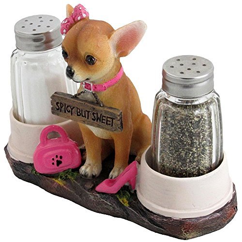 [Australia - AusPower] - Pretty in Pink Girl Chihuahua Glass Salt and Pepper Shaker Set with Holder Figurine in Dog Statues & Sculptures and Decorative Southwestern Kitchen Decor Gifts 
