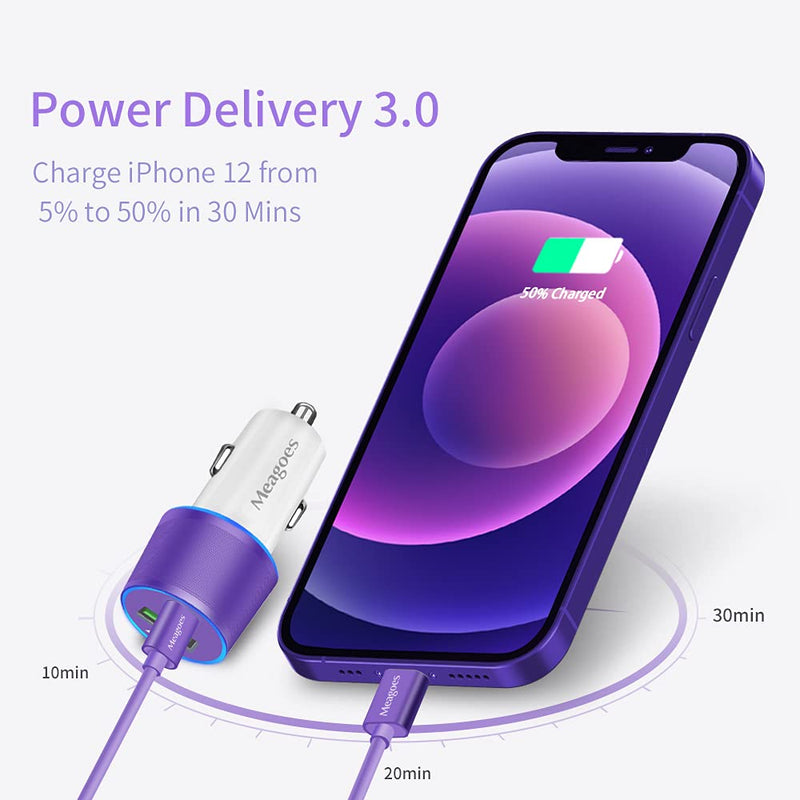 [Australia - AusPower] - Fast USB C Car Charger, Meagoes 20W PD Rapid Charging Adapter Compatible for Apple iPhone 13/12/Pro Max/Mini/11/XS/XR/X/8 Plus/SE/iPad Mini 5/Air 3-3.3ft MFi Certified Type C to Lightning Cable Purple&White 