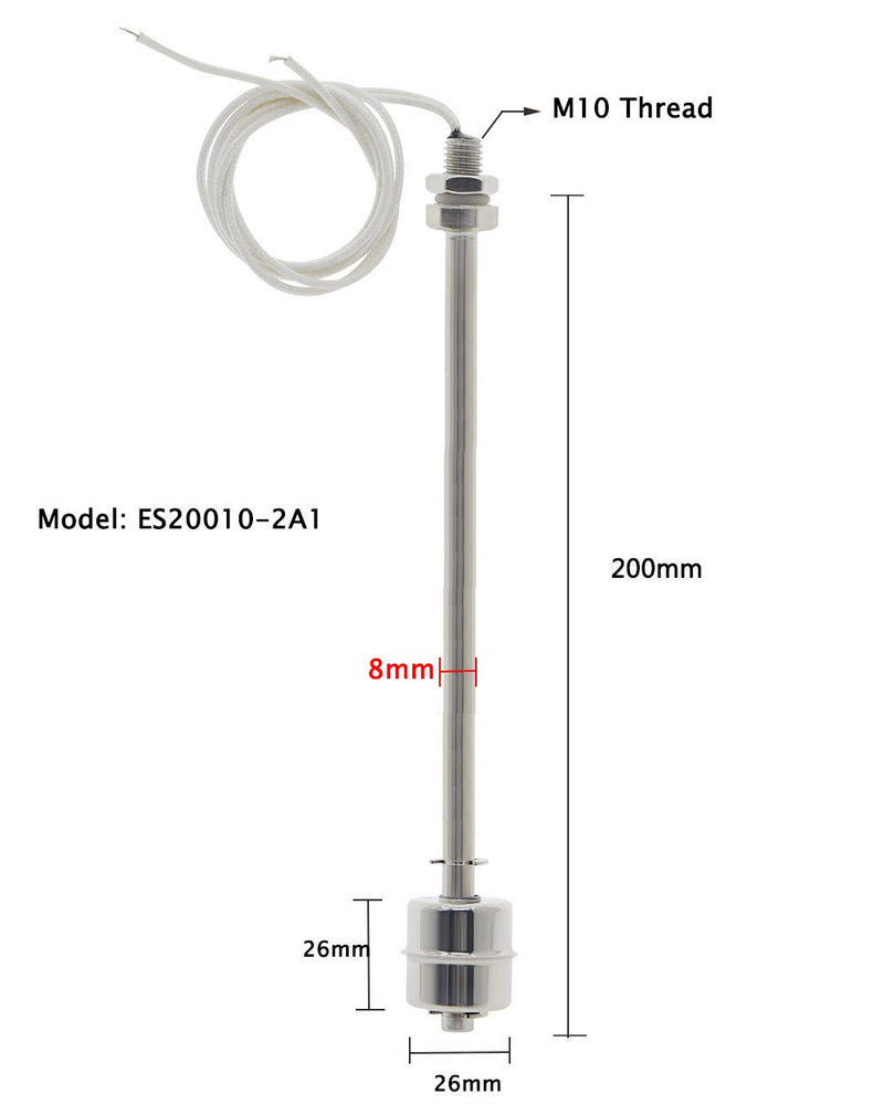 [Australia - AusPower] - YXQ 200mm Stainless Steel Float Switch Liquid Water Level Sensor Monitor Vertical Fish Tank Mini M10x1.5mm(2Pcs) 