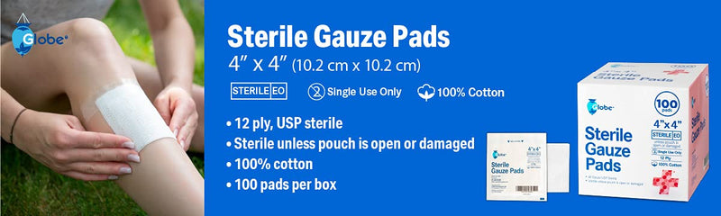 [Australia - AusPower] - Globe 4’’ x 4" Advanced Sterile Gauze Pads for Wound Dressing| 100-Pack, Individually Packed | 12-Ply Cotton & Highly Absorbent| Advanced Gauze Sponge-Pads for Wound Care & Home First Aid Kits (4 x 4) 