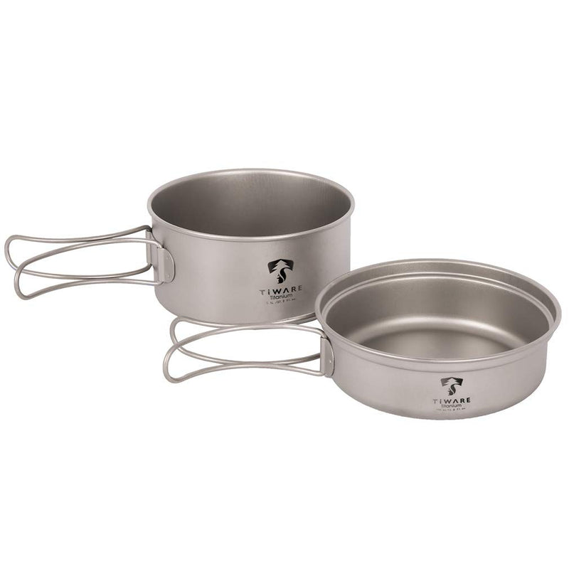 [Australia - AusPower] - Titanium 2-Piece Pot & Pan Cookware compact cooking Set with folding handles Ultra-Light Weight Durable w. Carrying bag Reusable Eco-friendly for backpacking hiking camping picnic outdoor 